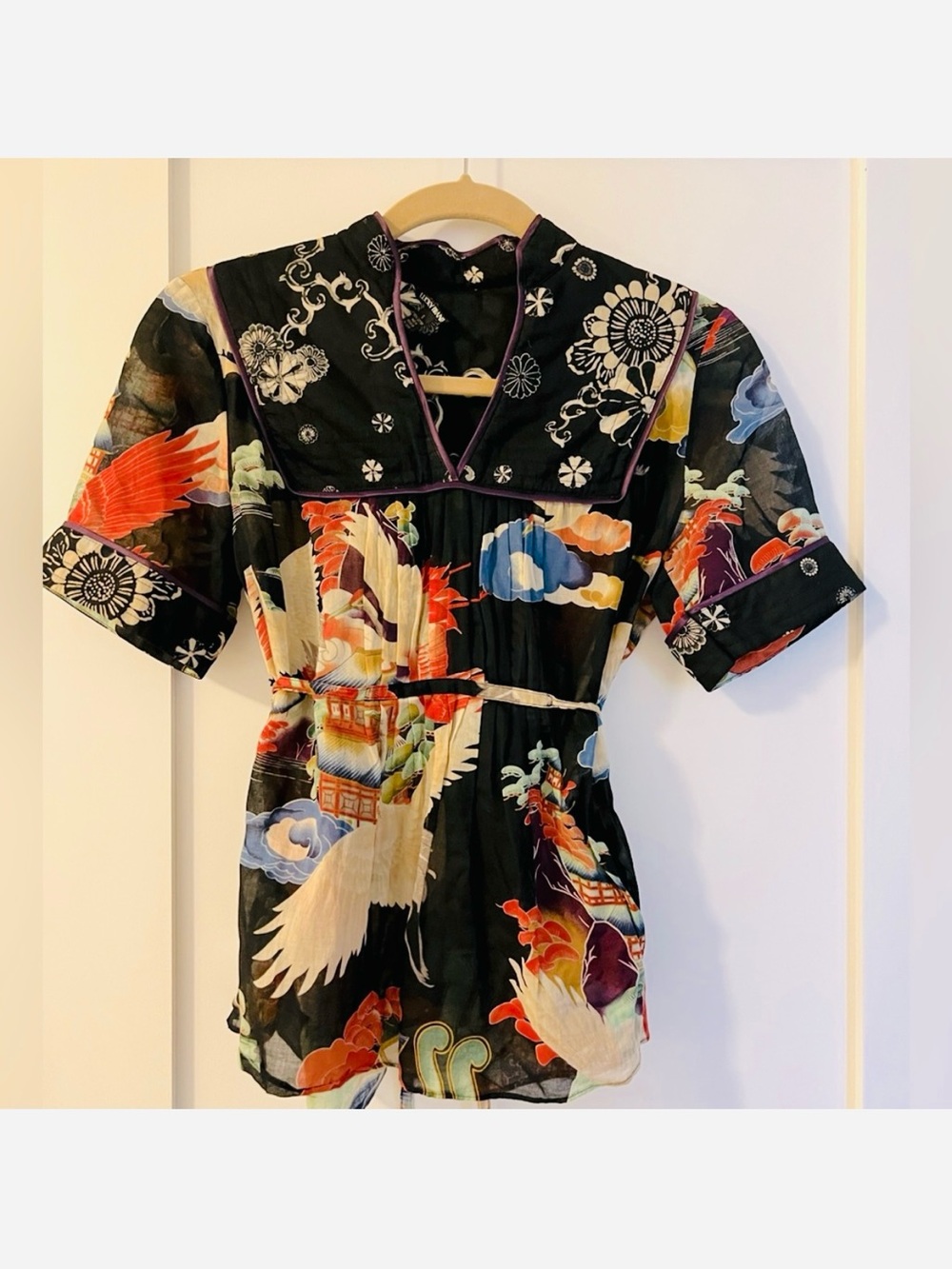 Lucky Brand navy short sleeve top with attached string belt. Size S. Worn twice.
